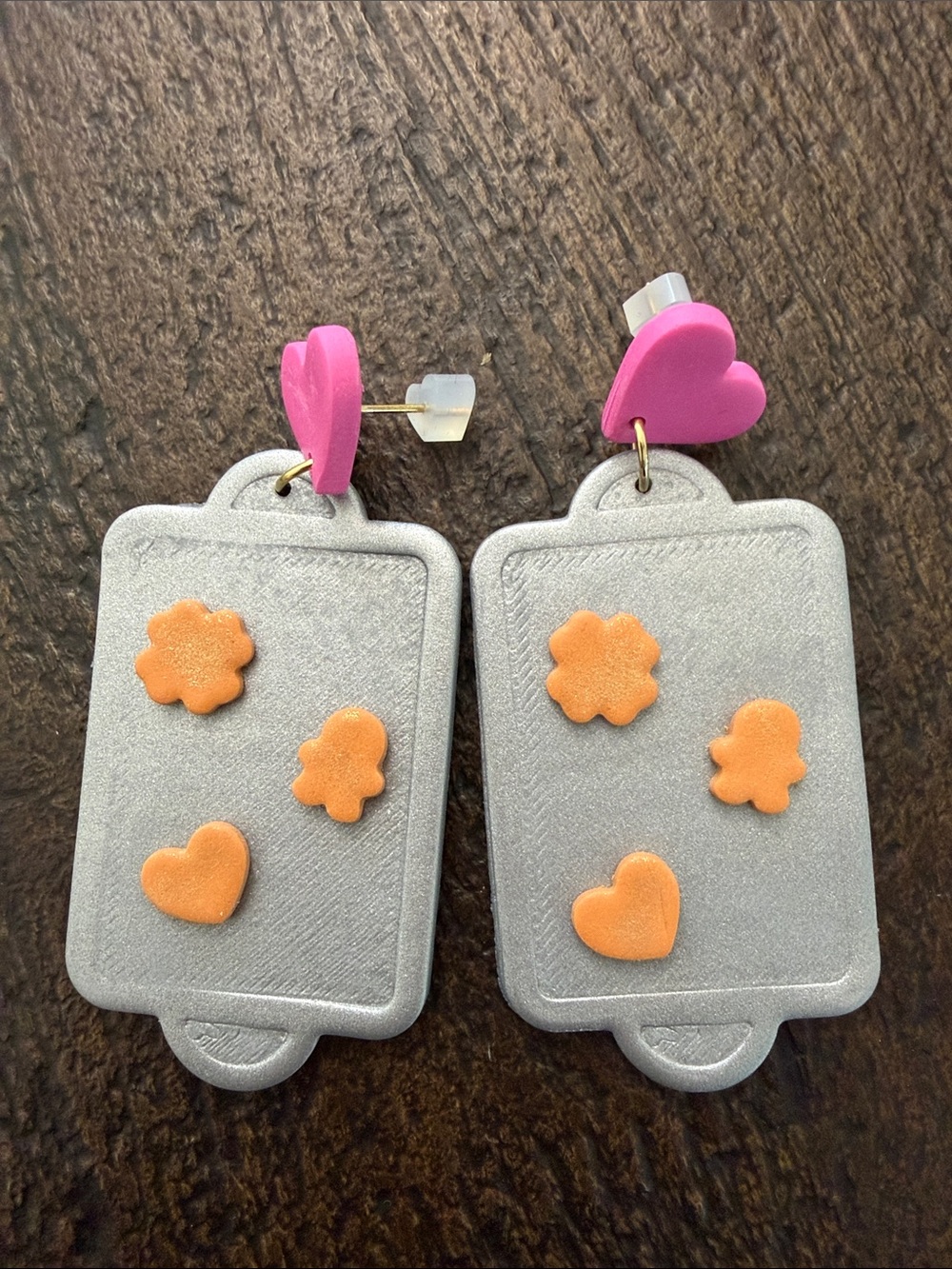 Whimsical cookie baking sheet earrings with hearts
